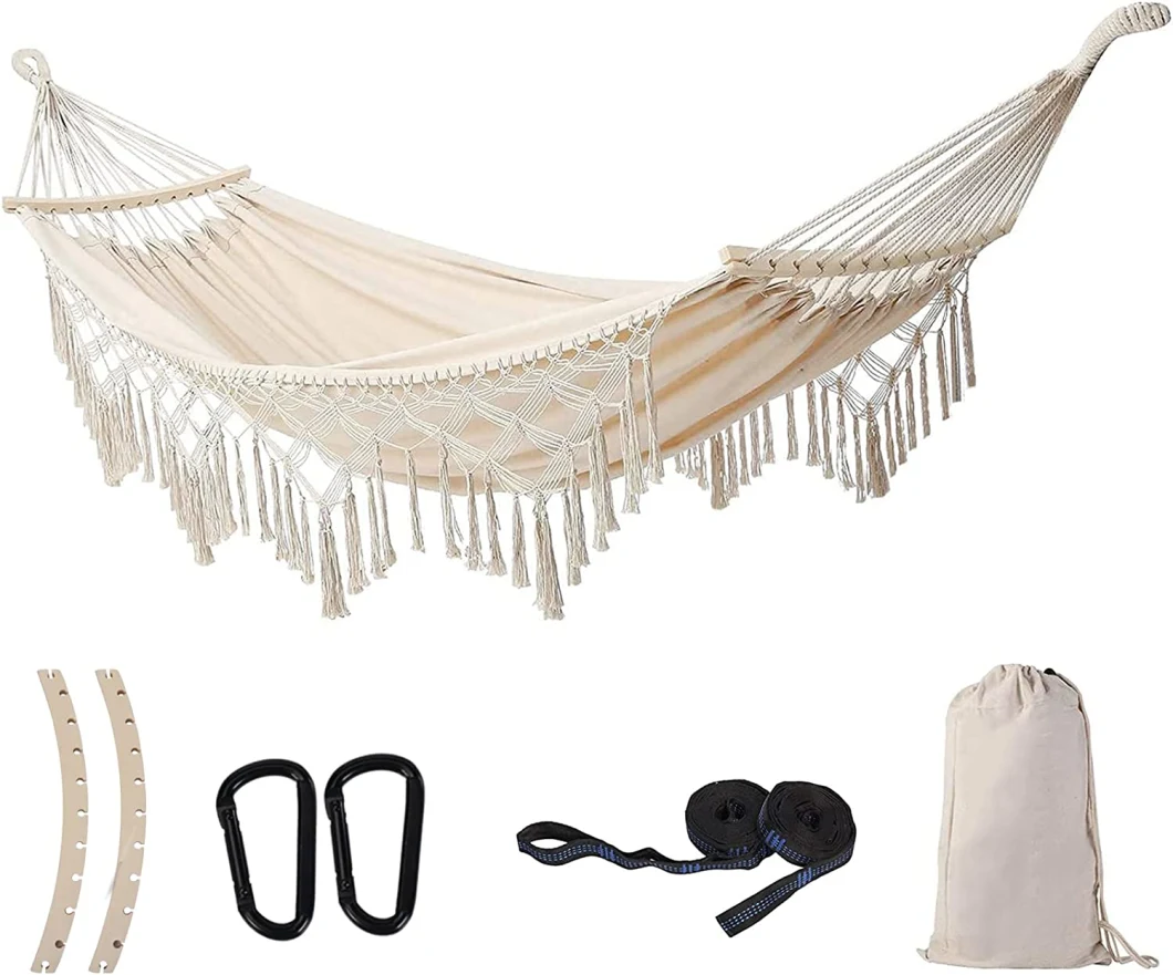 Outdoor Traveling Canvas Double Wooden Spreader Macrame Hammock